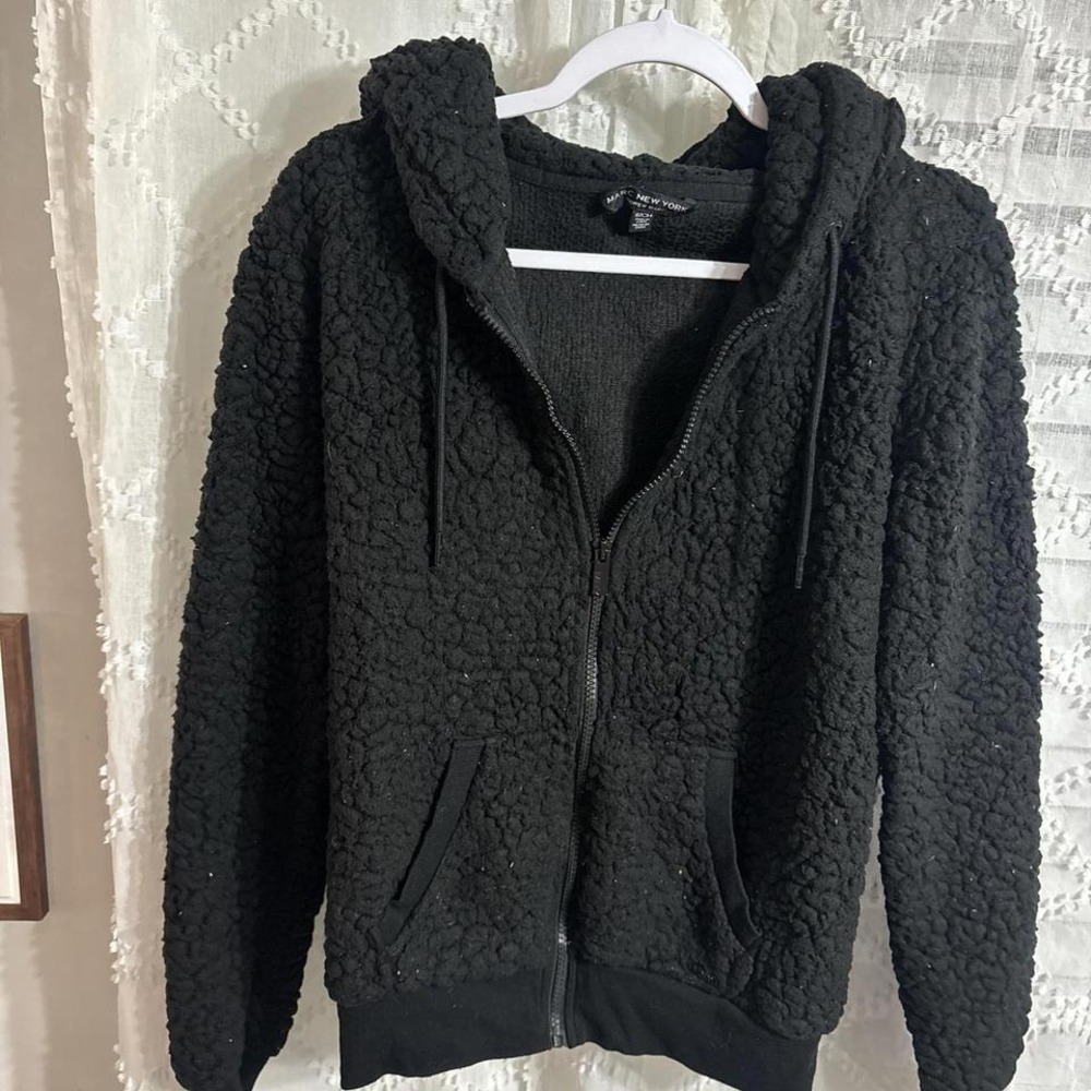 Marc New York Womens Black Sherpa Fleece Full Zip Hoodie Jacket XS‎